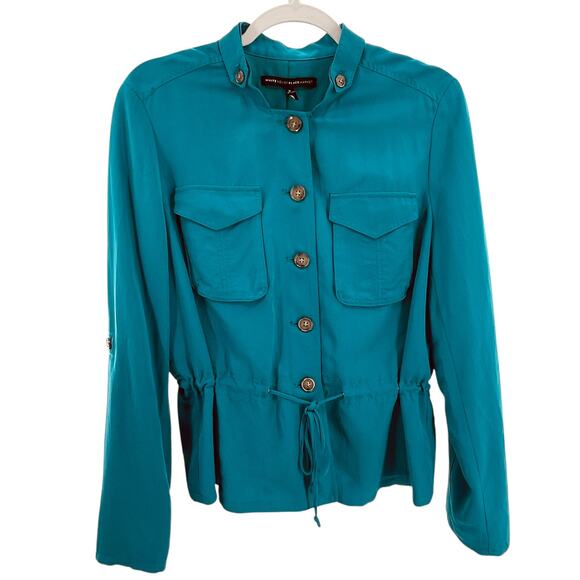 WHBM Aqua Blue Button Up Lightweight Drawstring Waist Bold Vivid Shirt Jacket 8 - Picture 2 of 12